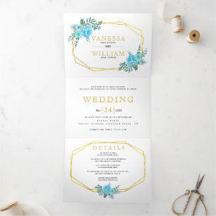 Blue watercolor flowers, gold geometric wedding Tri-Fold invitation