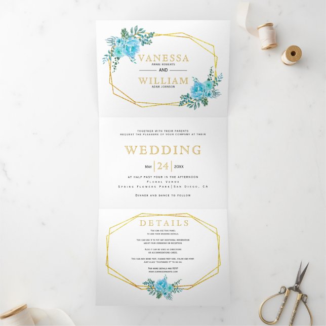 Blue watercolor flowers, gold geometric wedding Tri-Fold invitation (Inside)