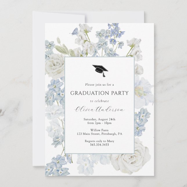 Blue Watercolor Flowers Graduation Party Invitation (Front)