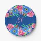 Blue Watercolor Flowers Happy 50th Birthday