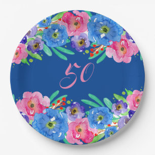 Blue Watercolor Flowers Happy 50th Birthday Paper Plate
