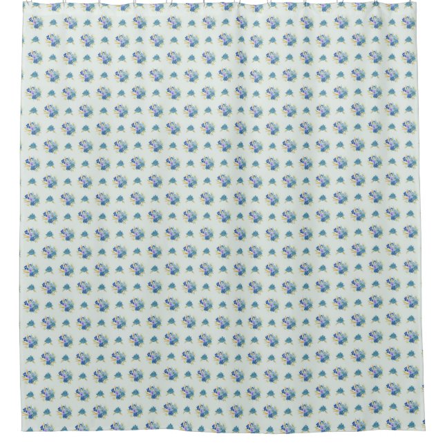 Blue Watercolor Flowers, Mint Green Shower Curtain (Front)