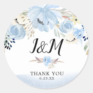 Blue Watercolor Flowers Monogram Wedding Favour Classic Round Sticker