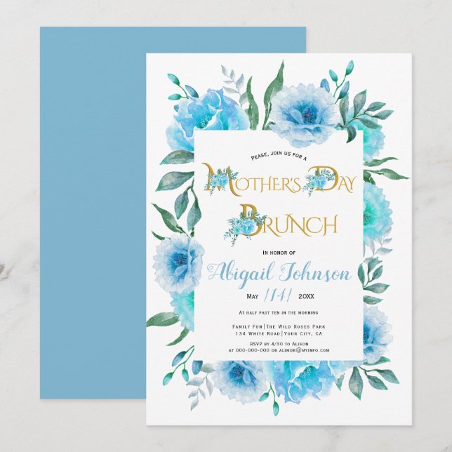 Blue watercolor flowers Mothers Day brunch  Invitation (Front/Back)
