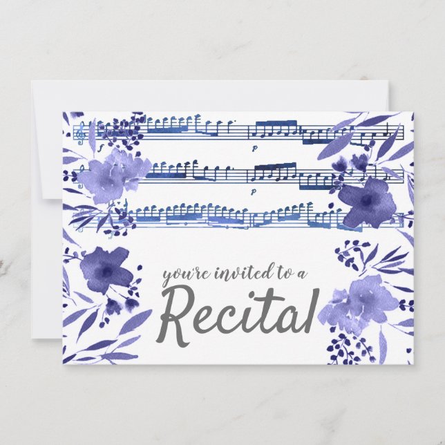 blue watercolor flowers music recital invitation (Front)