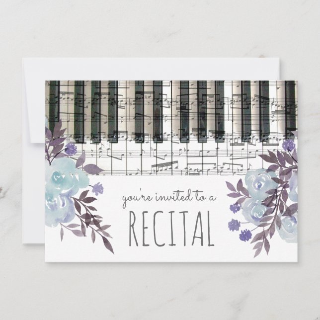 blue watercolor flowers music recital invitation (Front)