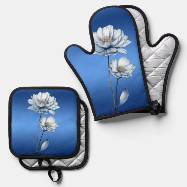 Blue Watercolor Flowers Oven Mitt & Pot Holder Set (Front/Back)