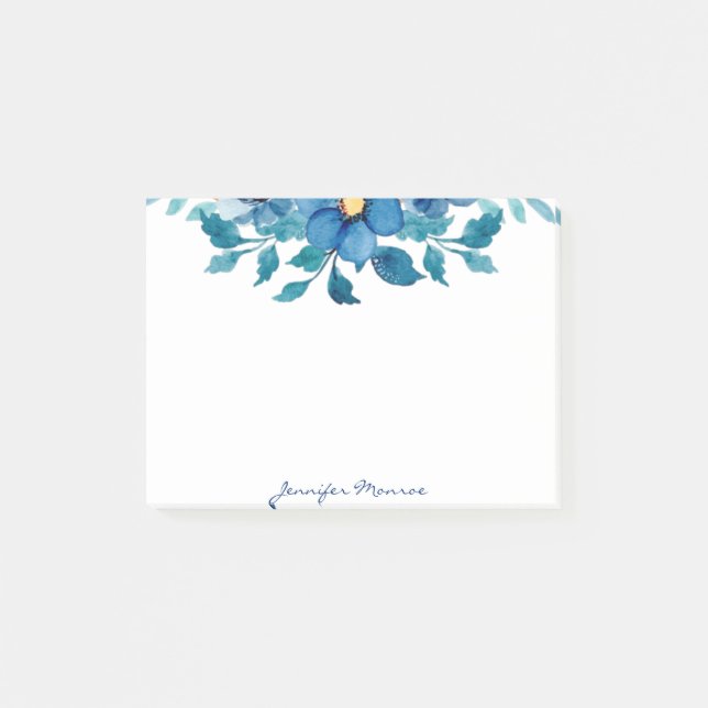 Blue watercolor flowers personalised post-it notes (Front)