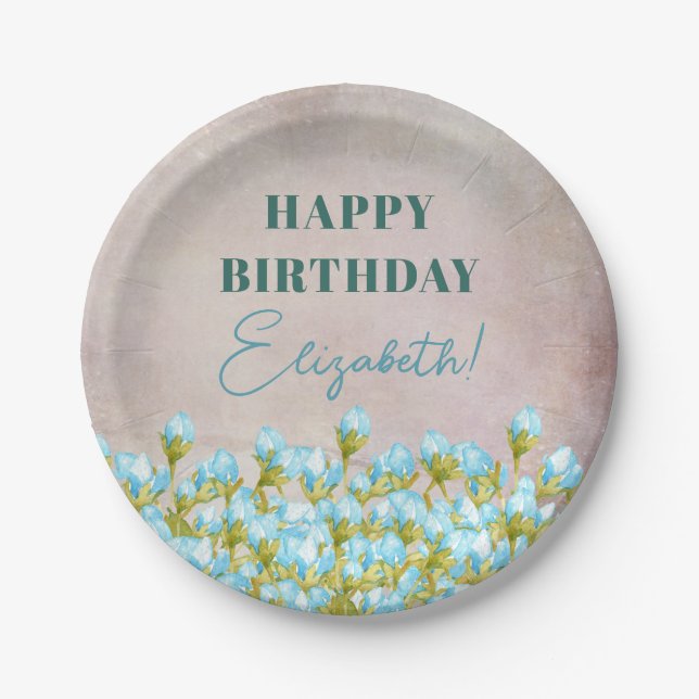 Blue Watercolor Flowers Rustic Background Paper Plate (Front)