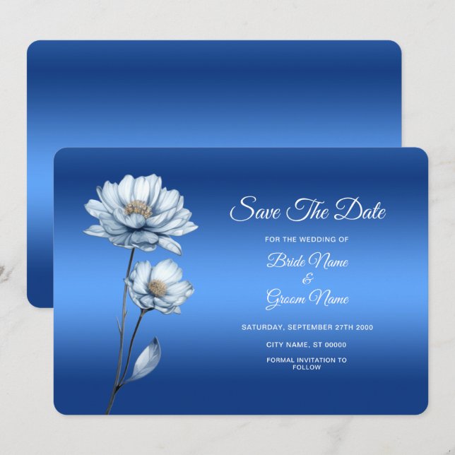 Blue Watercolor Flowers Save The Date (Front/Back)