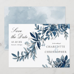 blue watercolor flowers save the date invitation