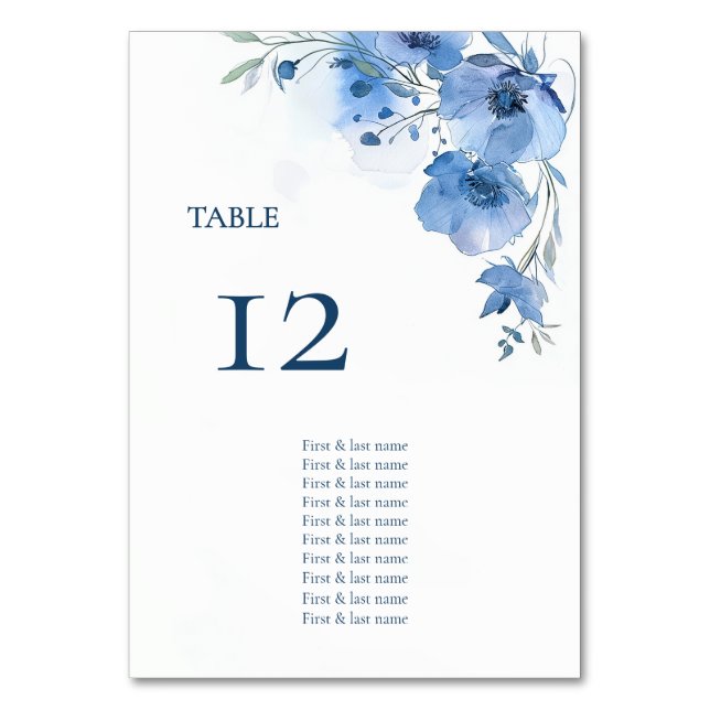 Blue Watercolor Flowers Seating Chart Table Number (Front)