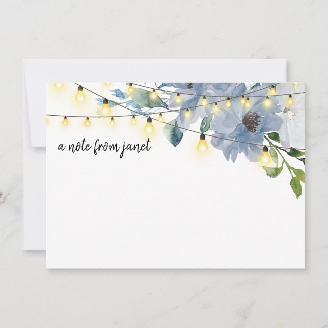 Blue Watercolor Flowers & String Lights Note Card (Front)