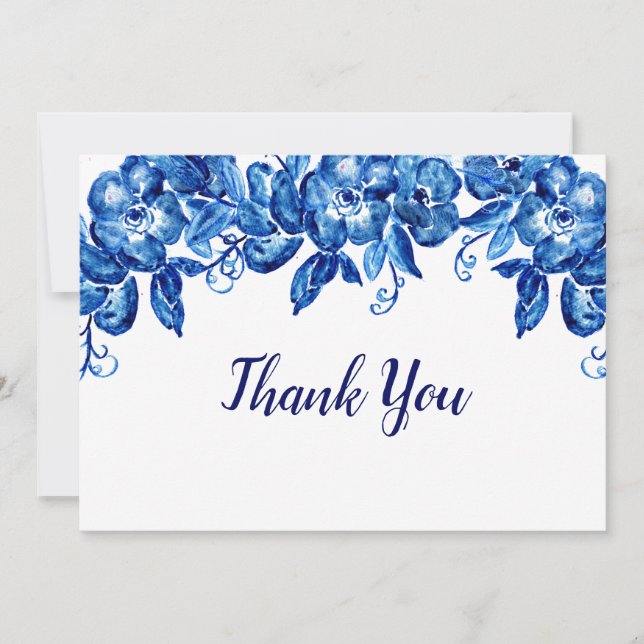 Blue Watercolor Flowers Thank You Card (Front)