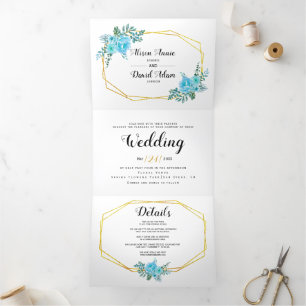 Blue watercolor flowers, typography floral wedding Tri-Fold invitation