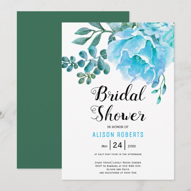 Blue watercolor flowers wedding bridal shower invitation (Front/Back)