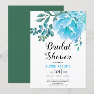 Blue watercolor flowers wedding bridal shower invitation