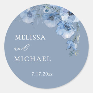 Blue Watercolor Flowers Wedding Classic Round Sticker