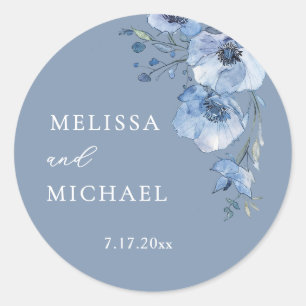 Blue Watercolor Flowers Wedding Classic Round Sticker