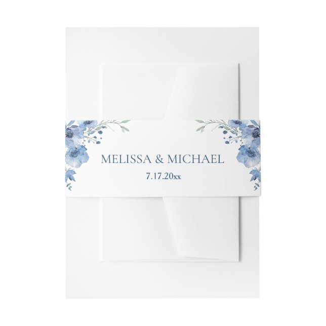 Blue Watercolor Flowers Wedding Invitation Belly Band (Front Example)