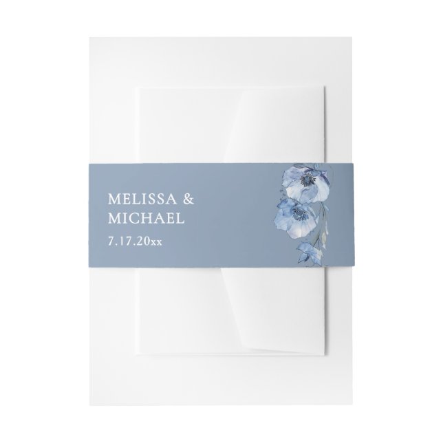 Blue Watercolor Flowers Wedding Invitation Belly Band (Front Example)