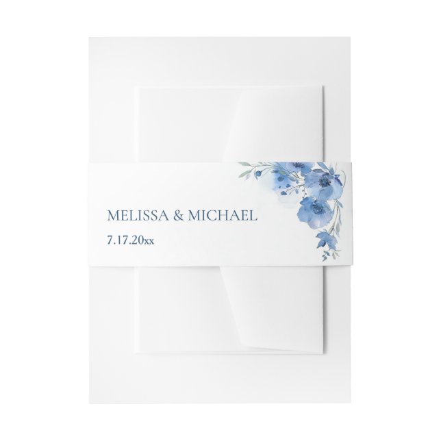 Blue Watercolor Flowers Wedding Invitation Belly Band (Front Example)