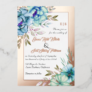 Blue watercolor flowers wedding rose gold foil