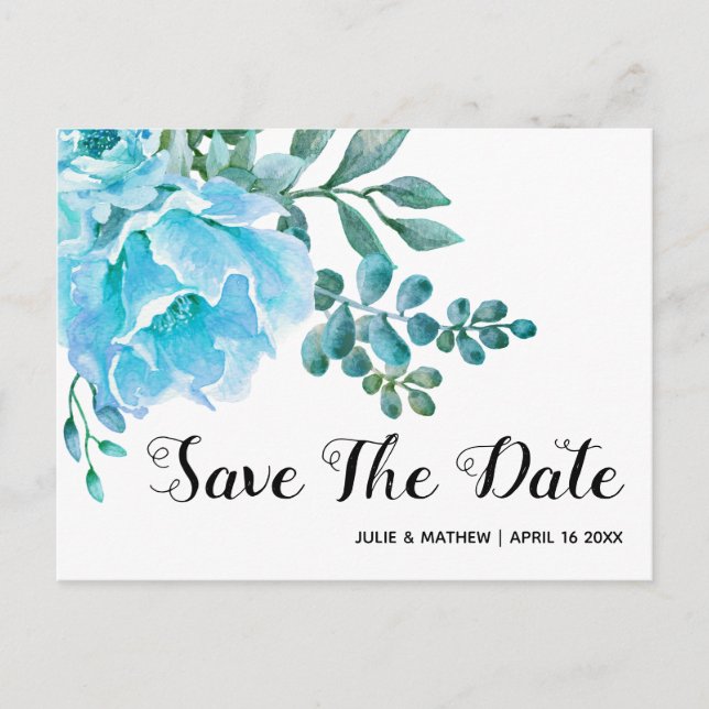 Blue watercolor flowers wedding Save the Date Announcement Postcard (Front)