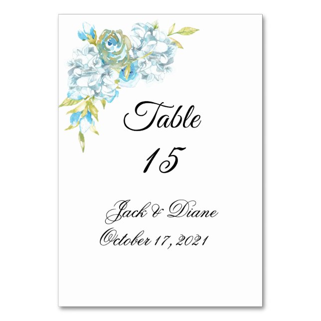 Blue Watercolor Flowers Wedding Table Number (Front)