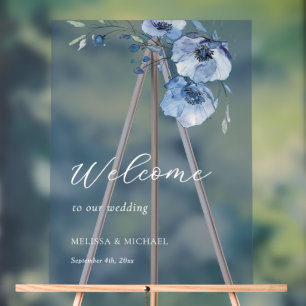 Blue Watercolor Flowers Wedding  Welcome Acrylic Sign