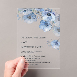 Blue Watercolor Flowers White Acrylic Invitations