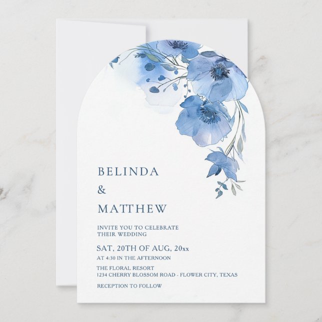 Blue Watercolor Flowers White Arch Invitation (Front)
