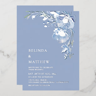 Blue Watercolor Flowers White Silver