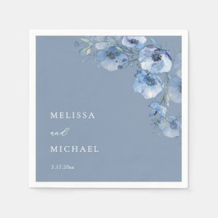 Blue Watercolor Flowers Your Names Wedding Napkin