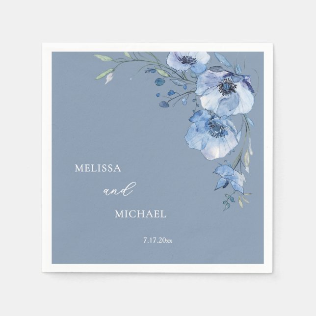 Blue Watercolor Flowers Your Names Wedding Napkin (Front)