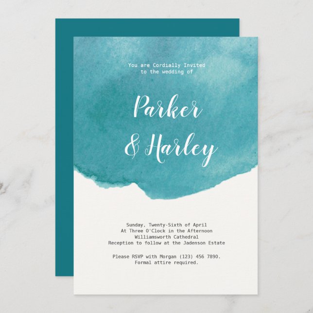 Blue Watercolor Flowy Script Style Wedding Invitation (Front/Back)