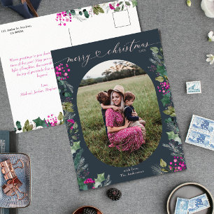 Blue Watercolor Foliage 1 Photo Christmas  Holiday Postcard