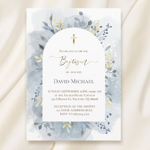 blue watercolor foliage Baptism  Invitation