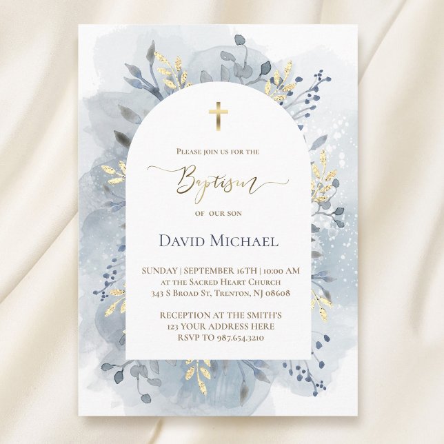 blue watercolor foliage Baptism  Invitation (Creator Uploaded)