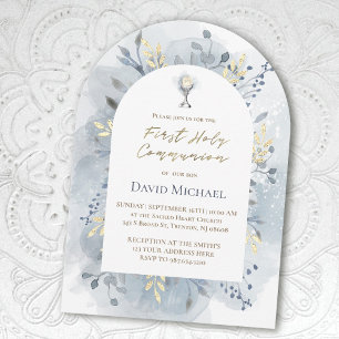 blue watercolor foliage First Holy Communion Invitation