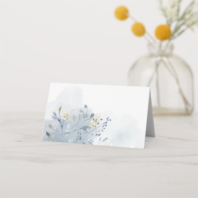 blue watercolor foliage place card (Front)