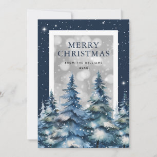 Blue Watercolor Forest Snow Merry Christmas Holiday Card