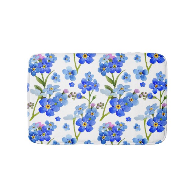 Blue Watercolor Forget-me-not Flowers Bath Mat (Front)