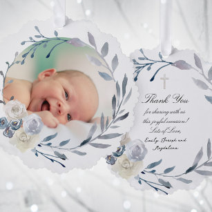 blue watercolor frame Baptism thank you  Tree Decoration Card