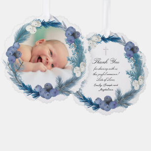 blue watercolor frame Baptism thank you  Tree Decoration Card