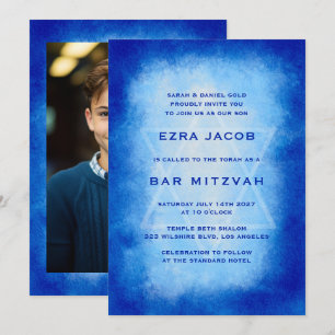 Blue Watercolor Frame Custom PHOTO Bar Bat Mitzvah Invitation