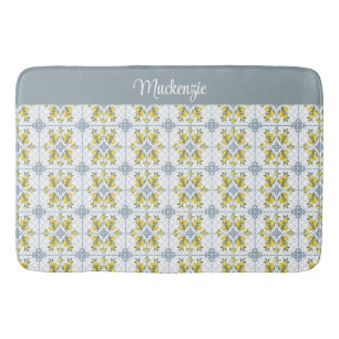 Blue Watercolor French Country Lemon Name Monogram Bath Mat