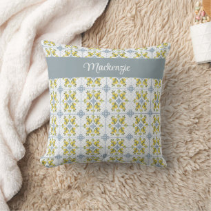 Blue Watercolor French Country Lemon Name Monogram Cushion