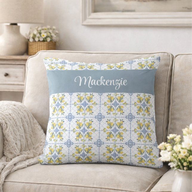 Blue Watercolor French Country Lemon Name Monogram Cushion (Creator Uploaded)