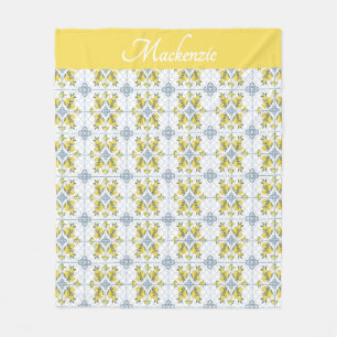 Blue Watercolor French Country Lemon Name Monogram Fleece Blanket